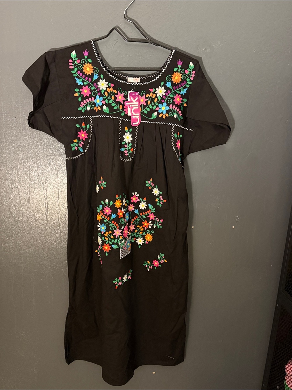 Unik Black Midi Dress with Multicolor Floral Embroidery